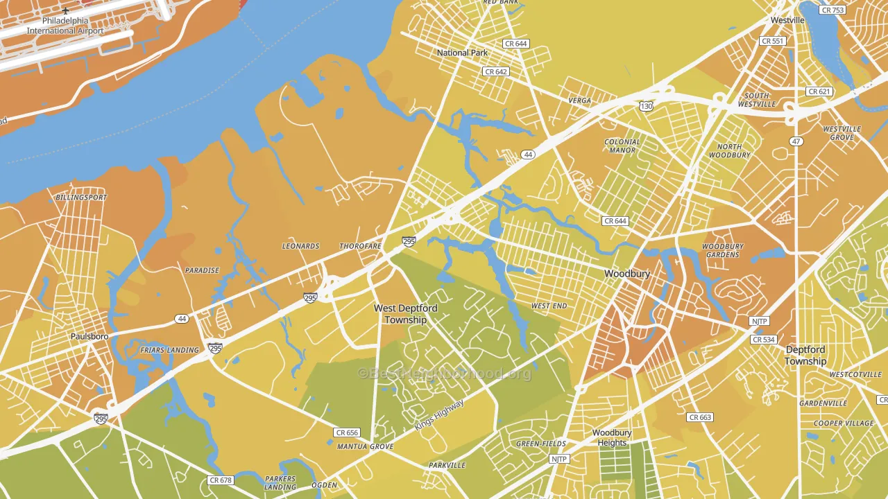 Map of the best neighborhoods in the Thorofare area, with better matches in green and worse matches in red