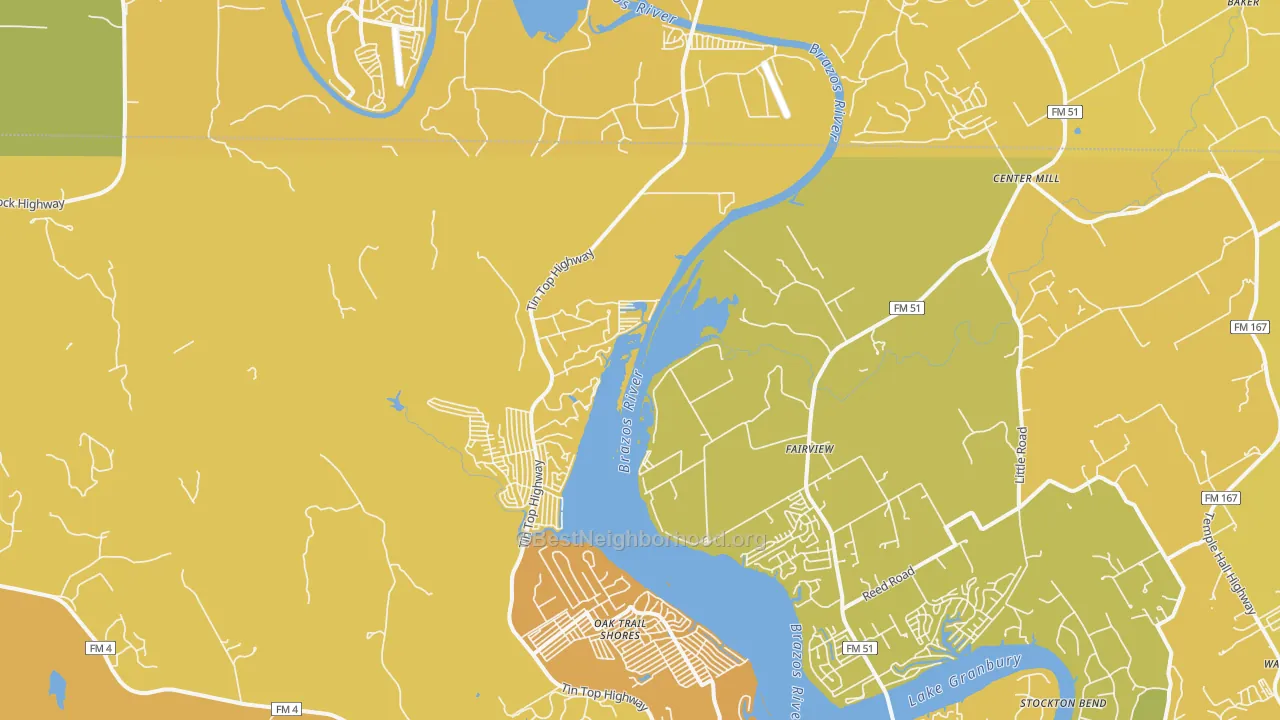 Map of the best neighborhoods in the Thorp Spring area, with better matches in green and worse matches in red