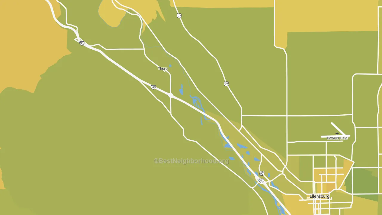 Map of the best neighborhoods in the Thorp area, with better matches in green and worse matches in red