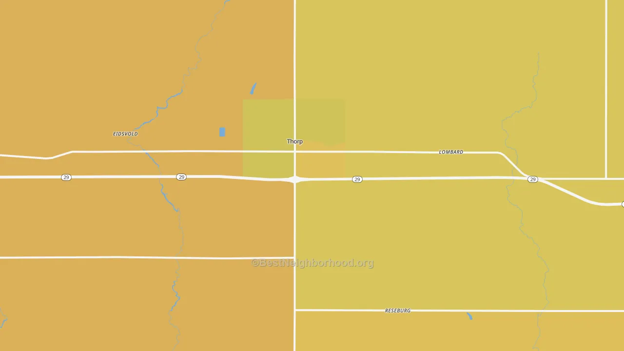 Map of the best neighborhoods in the Thorp area, with better matches in green and worse matches in red