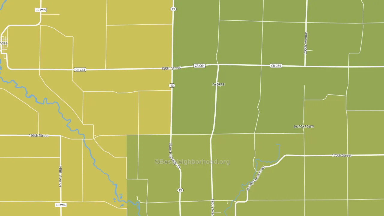 Map of the best neighborhoods in the Thorpe area, with better matches in green and worse matches in red