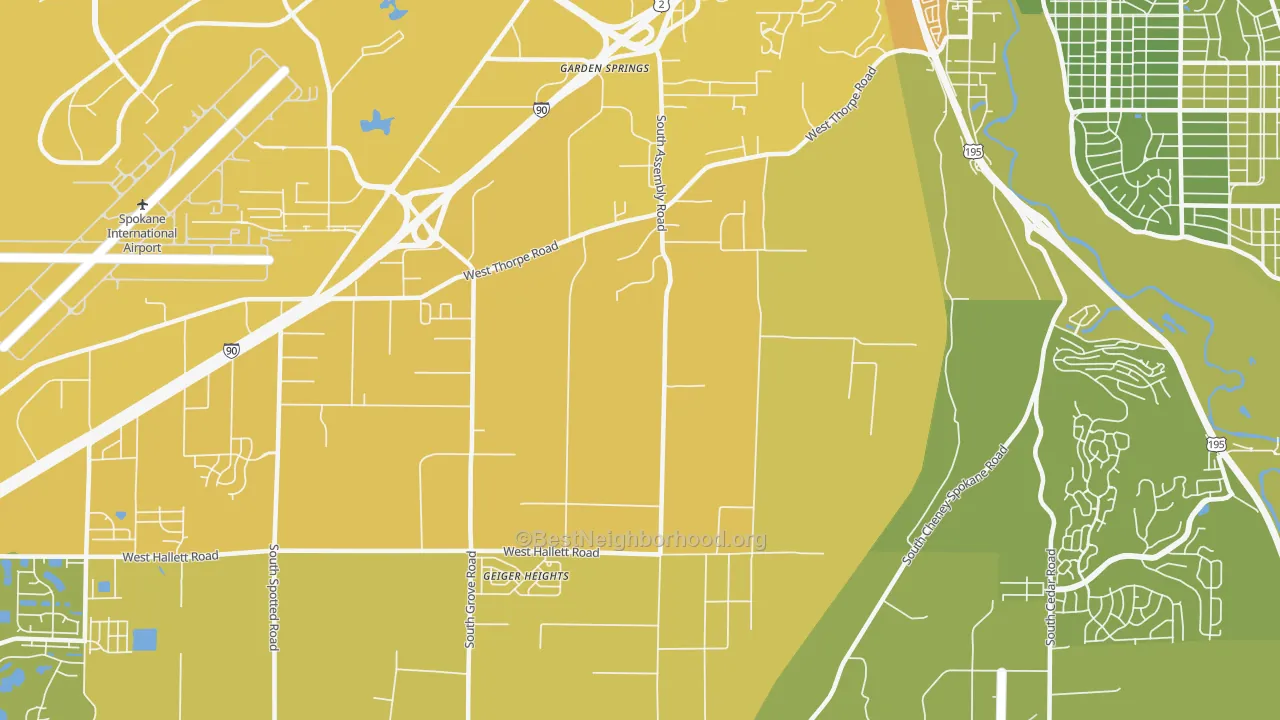 Map of the best neighborhoods in the Thorpe Westwood, Spokane area, with better matches in green and worse matches in red