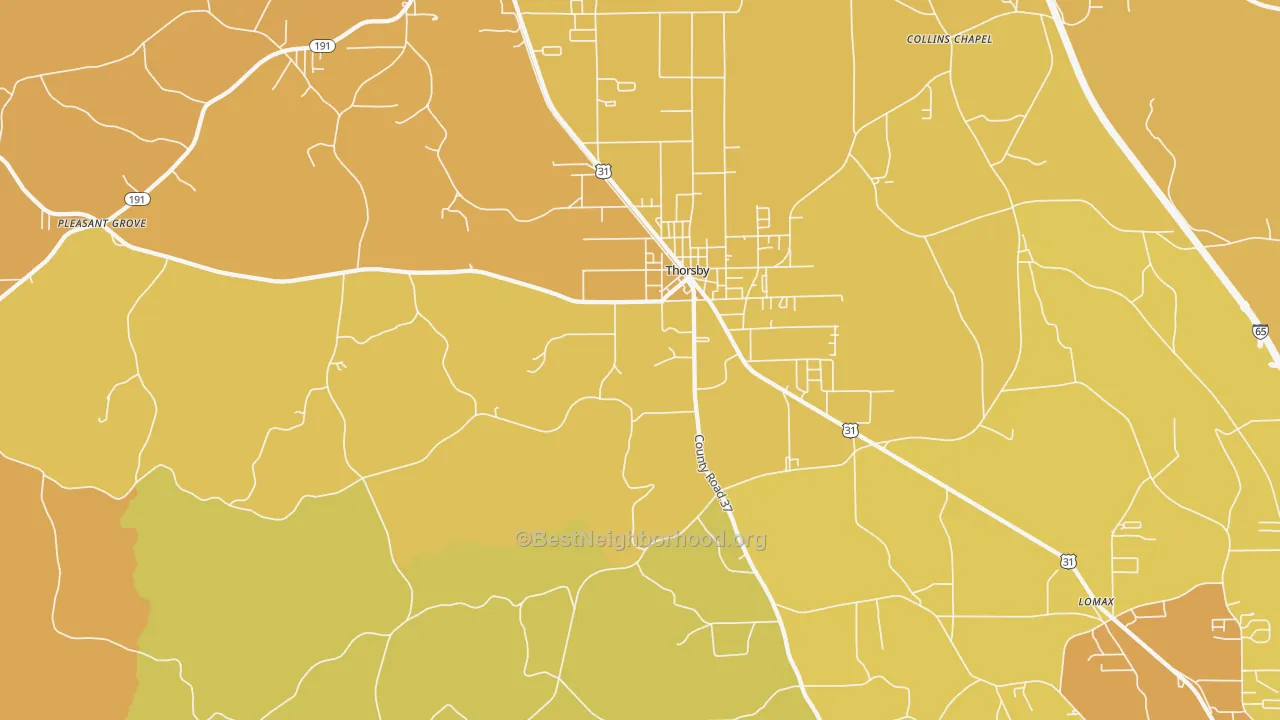 Map of the best neighborhoods in the Thorsby area, with better matches in green and worse matches in red