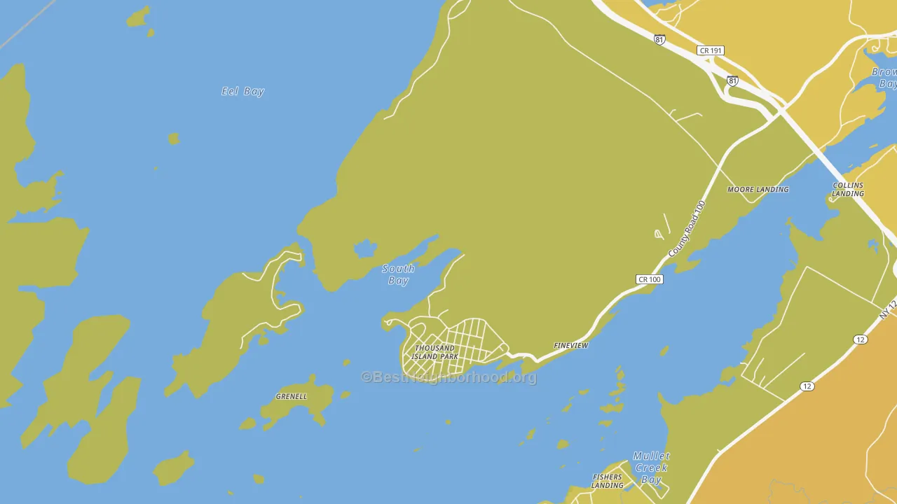 Map of the best neighborhoods in the Thousand Island Park area, with better matches in green and worse matches in red