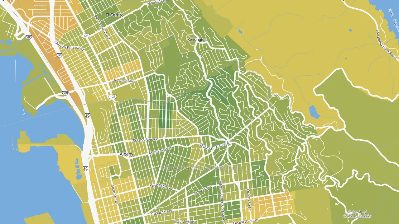 Map of the best neighborhoods in the Thousand Oaks, Berkeley area, with better matches in green and worse matches in red