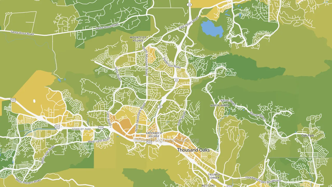 Map of the best neighborhoods in the Thousand Oaks area, with better matches in green and worse matches in red