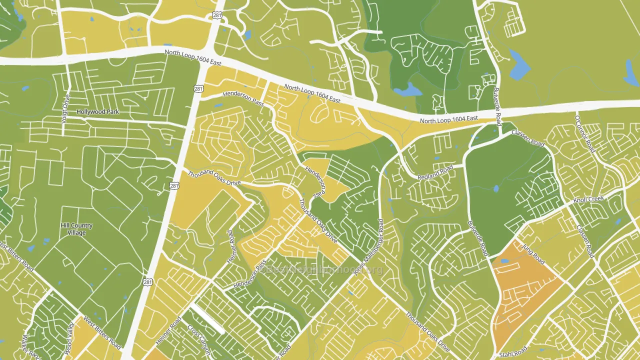 Map of the best neighborhoods in the Thousand Oaks, San Antonio area, with better matches in green and worse matches in red