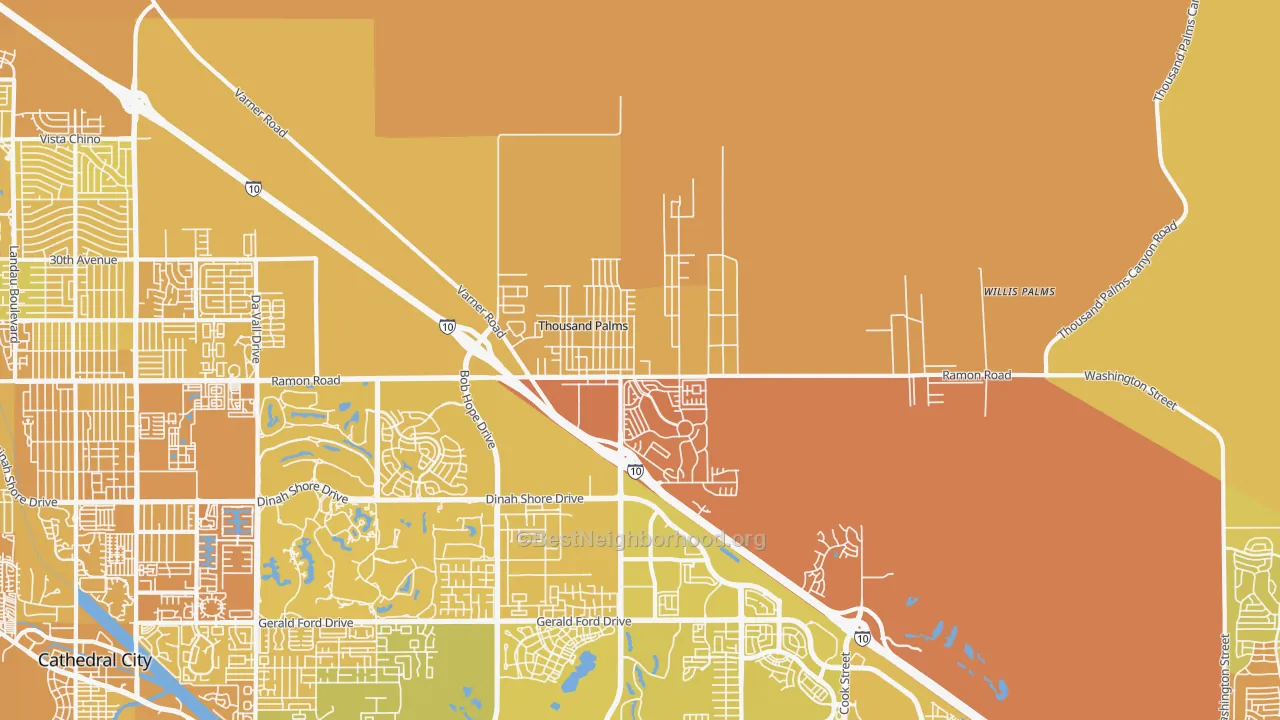 Map of the best neighborhoods in the Thousand Palms area, with better matches in green and worse matches in red