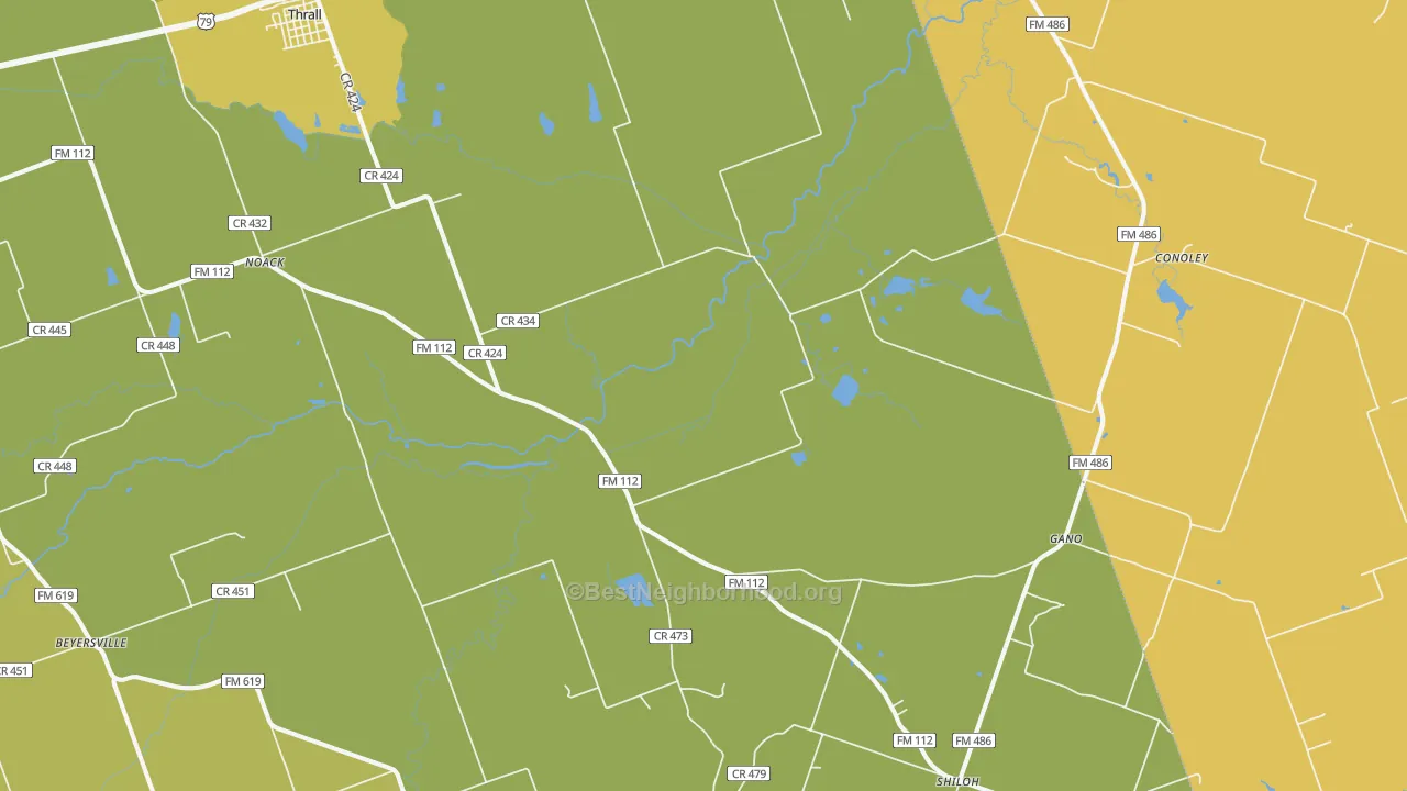 Map of the best neighborhoods in the Thrall area, with better matches in green and worse matches in red