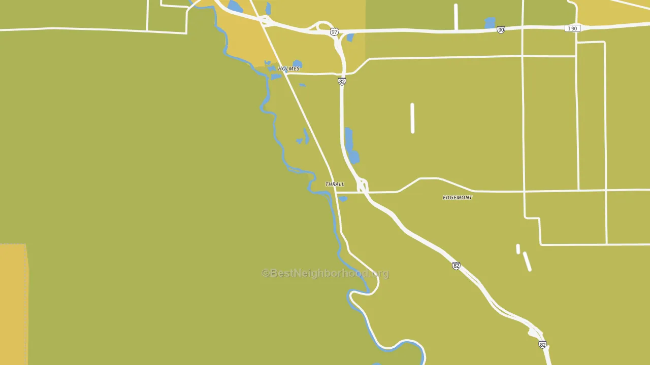 Map of the best neighborhoods in the Thrall area, with better matches in green and worse matches in red