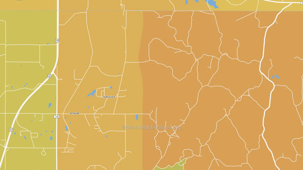 Map of the best neighborhoods in the Thrasher area, with better matches in green and worse matches in red