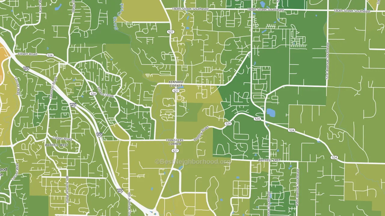 Map of the best neighborhoods in the Thrasher's Corner-Red Hawk, Bothell area, with better matches in green and worse matches in red
