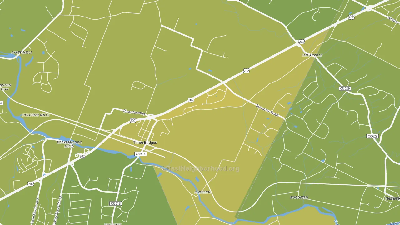 Map of the best neighborhoods in the Three Bridges area, with better matches in green and worse matches in red