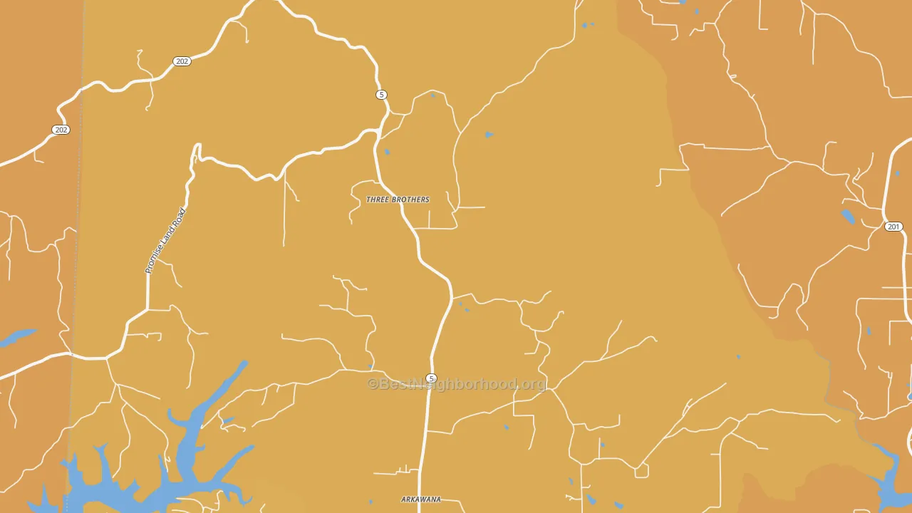 Map of the best neighborhoods in the Three Brothers area, with better matches in green and worse matches in red