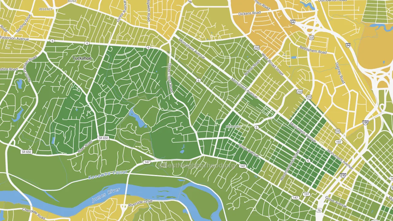 Map of the best neighborhoods in the Three Chopt, Richmond area, with better matches in green and worse matches in red