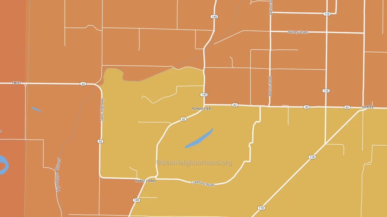 Map of the best neighborhoods in the Three Forks area, with better matches in green and worse matches in red