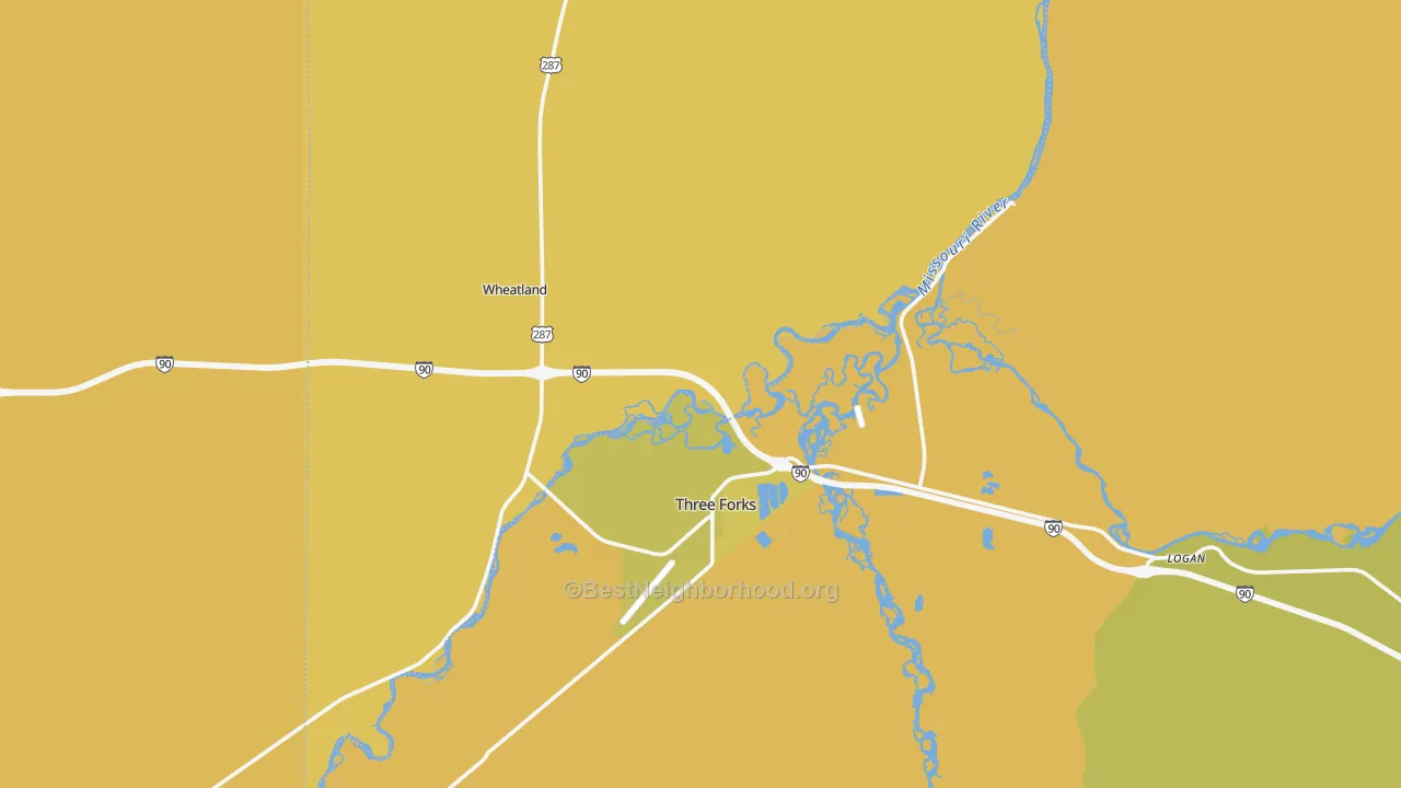 Map of the best neighborhoods in the Three Forks area, with better matches in green and worse matches in red
