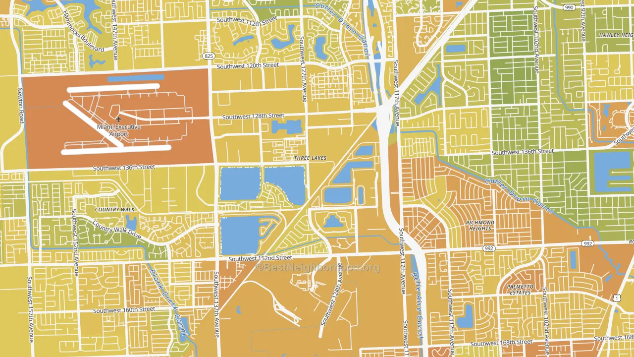 Map of the best neighborhoods in the Three Lakes area, with better matches in green and worse matches in red