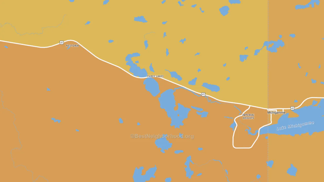 Map of the best neighborhoods in the Three Lakes area, with better matches in green and worse matches in red