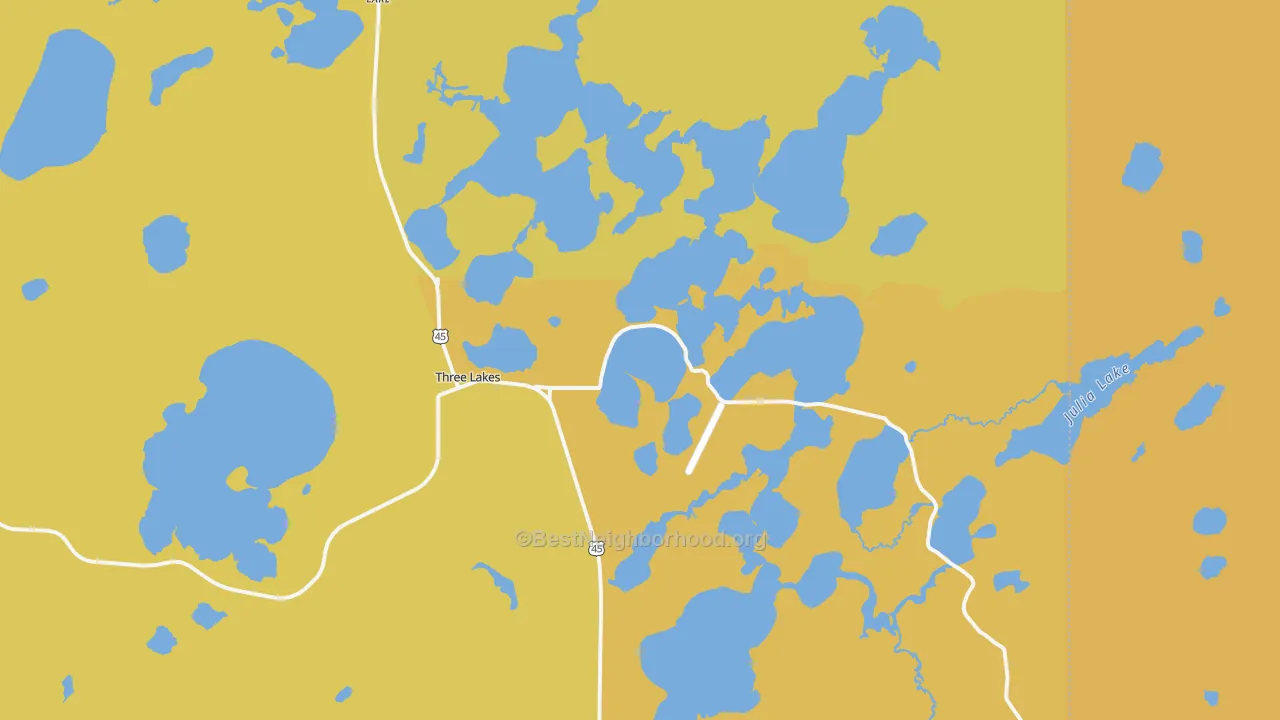Map of the best neighborhoods in the Three Lakes area, with better matches in green and worse matches in red