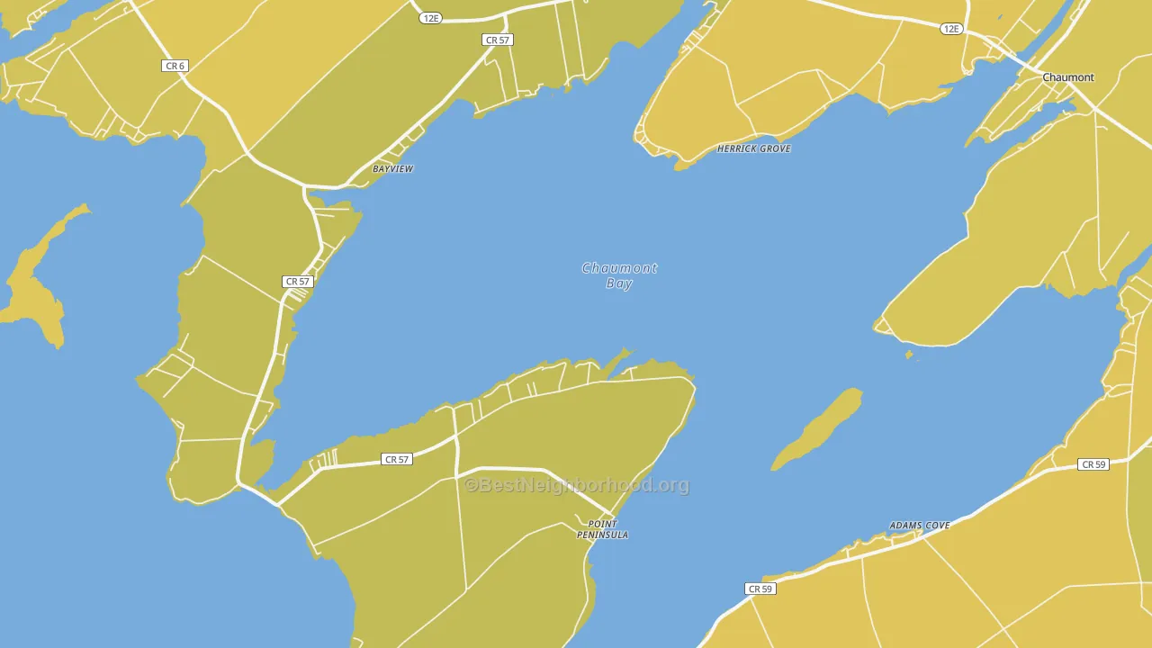 Map of the best neighborhoods in the Three Mile Bay area, with better matches in green and worse matches in red