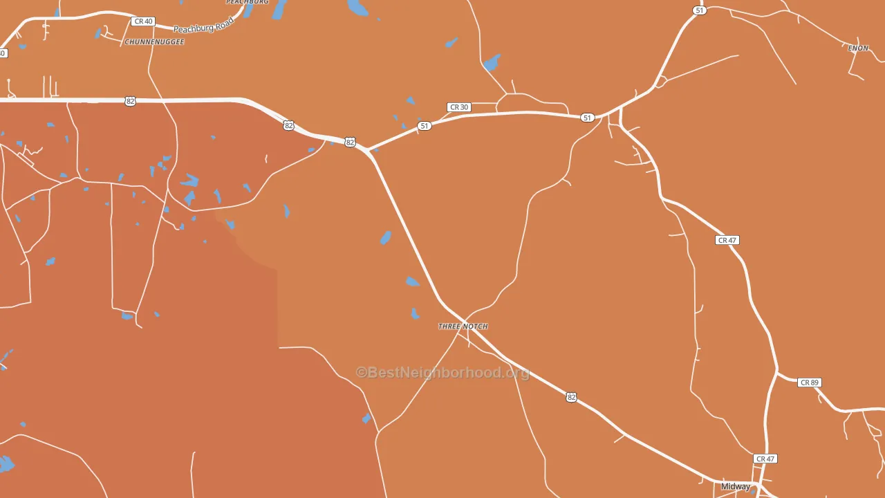 Map of the best neighborhoods in the Three Notch area, with better matches in green and worse matches in red