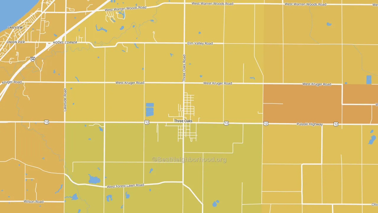 Map of the best neighborhoods in the Three Oaks area, with better matches in green and worse matches in red