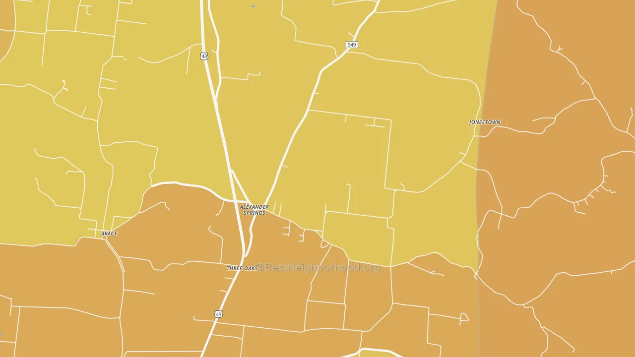 Map of the best neighborhoods in the Three Oaks area, with better matches in green and worse matches in red