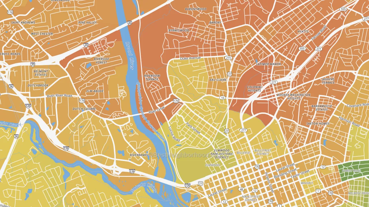 Map of the best neighborhoods in the Three Points, Columbia area, with better matches in green and worse matches in red