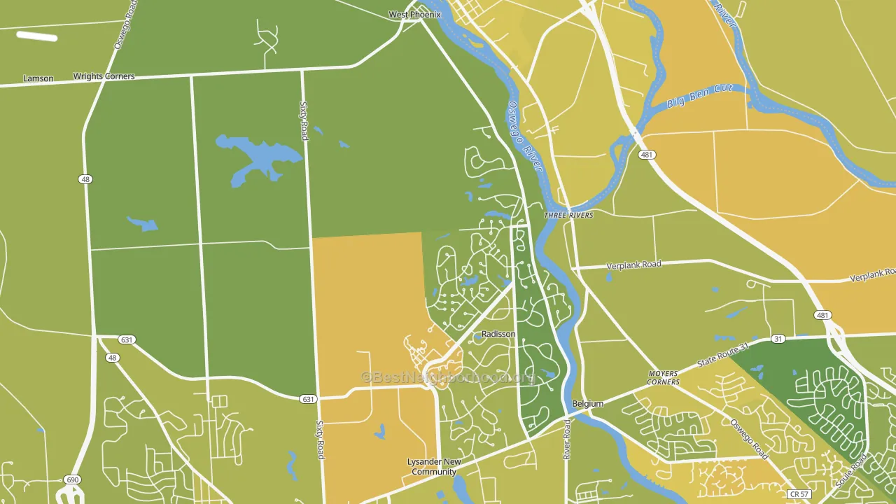 Map of the best neighborhoods in the Three Rivers area, with better matches in green and worse matches in red