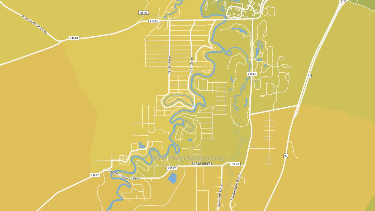 Map of the best neighborhoods in the Three Rivers area, with better matches in green and worse matches in red