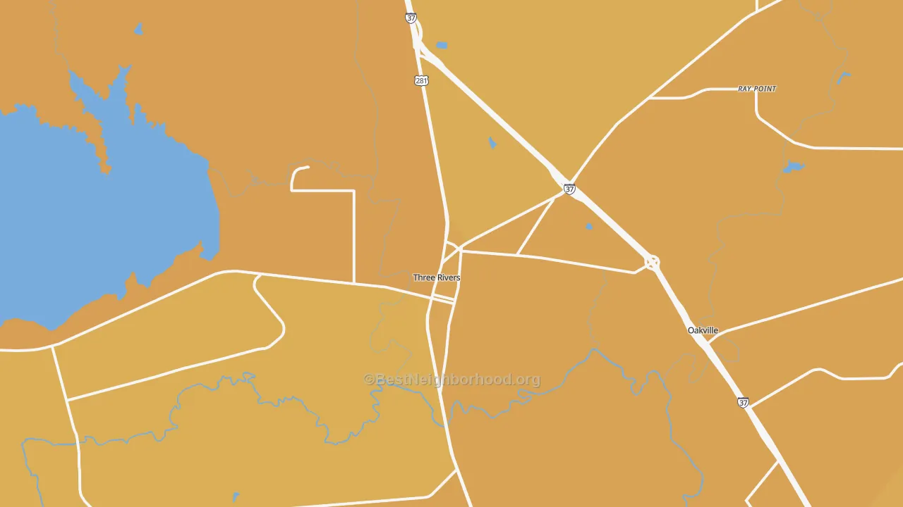 Map of the best neighborhoods in the Three Rivers area, with better matches in green and worse matches in red