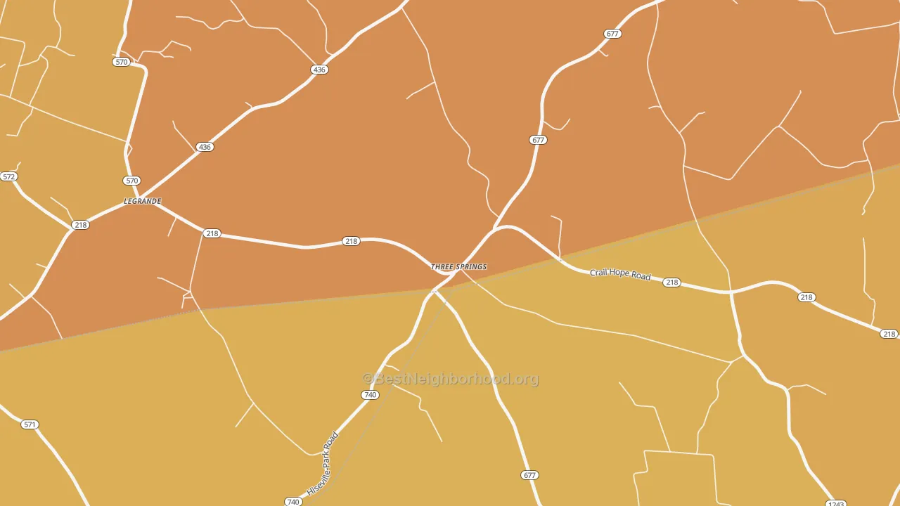 Map of the best neighborhoods in the Three Springs area, with better matches in green and worse matches in red