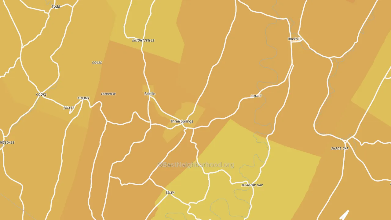 Map of the best neighborhoods in the Three Springs area, with better matches in green and worse matches in red