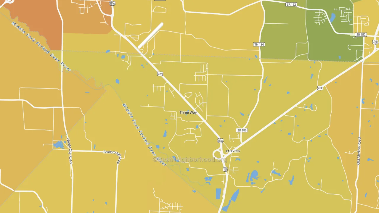 Map of the best neighborhoods in the Three Way area, with better matches in green and worse matches in red