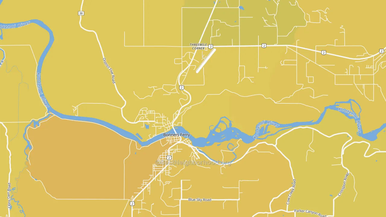 Map of the best neighborhoods in the Threemile Corner area, with better matches in green and worse matches in red