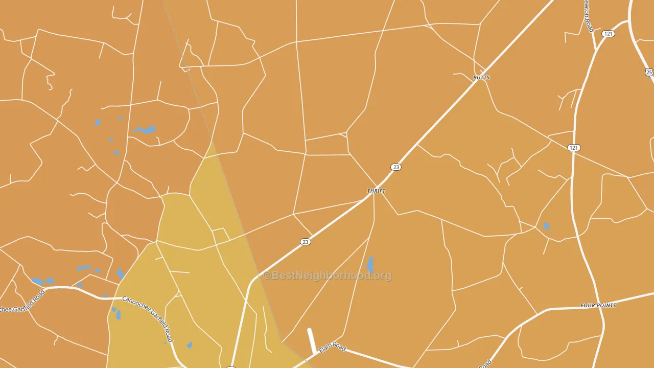 Map of the best neighborhoods in the Thrift area, with better matches in green and worse matches in red