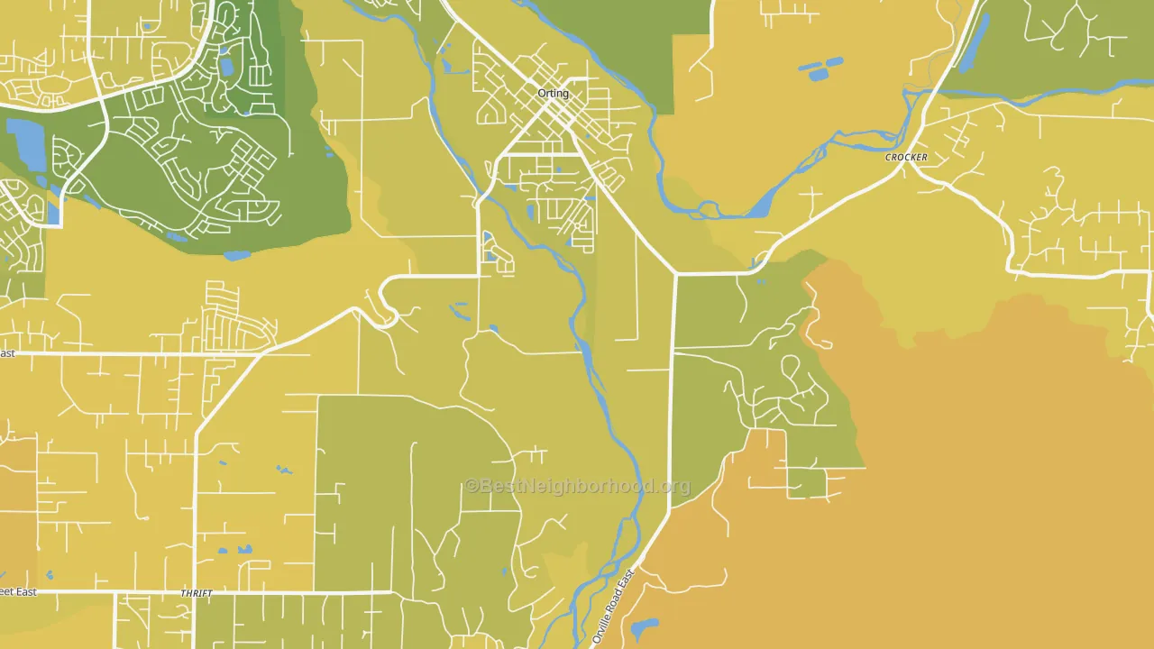 Map of the best neighborhoods in the Thrift area, with better matches in green and worse matches in red