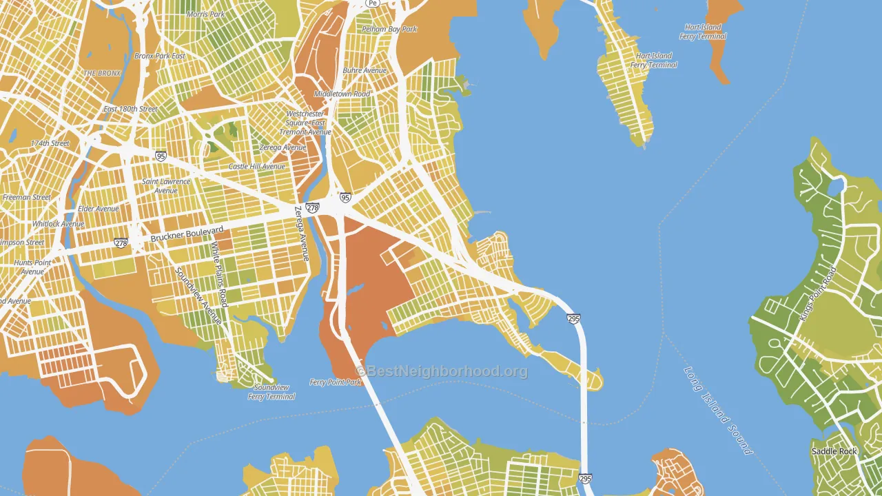 Map of the best neighborhoods in the Throgs Neck-Edgewater Park, Bronx area, with better matches in green and worse matches in red