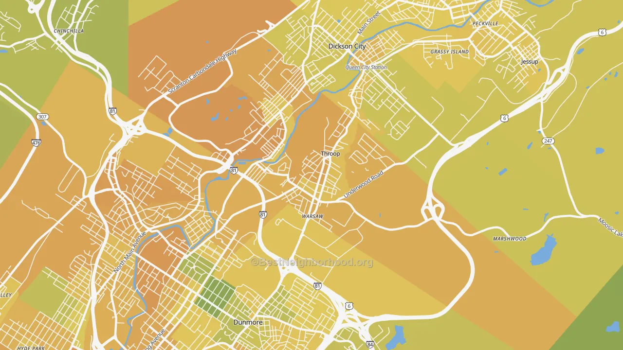 Map of the best neighborhoods in the Throop area, with better matches in green and worse matches in red