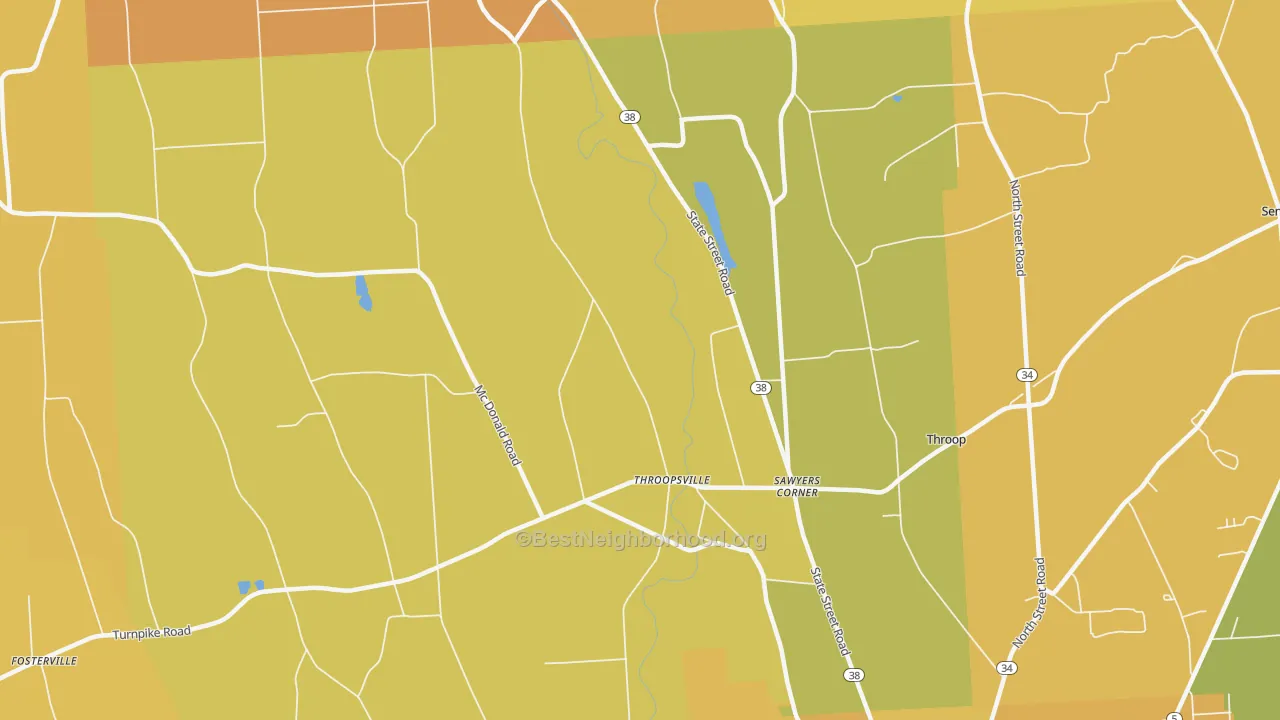 Map of the best neighborhoods in the Throopsville area, with better matches in green and worse matches in red