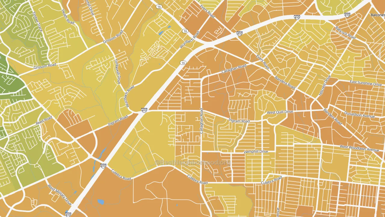 Map of the best neighborhoods in the Thunderbird Hills, San Antonio area, with better matches in green and worse matches in red