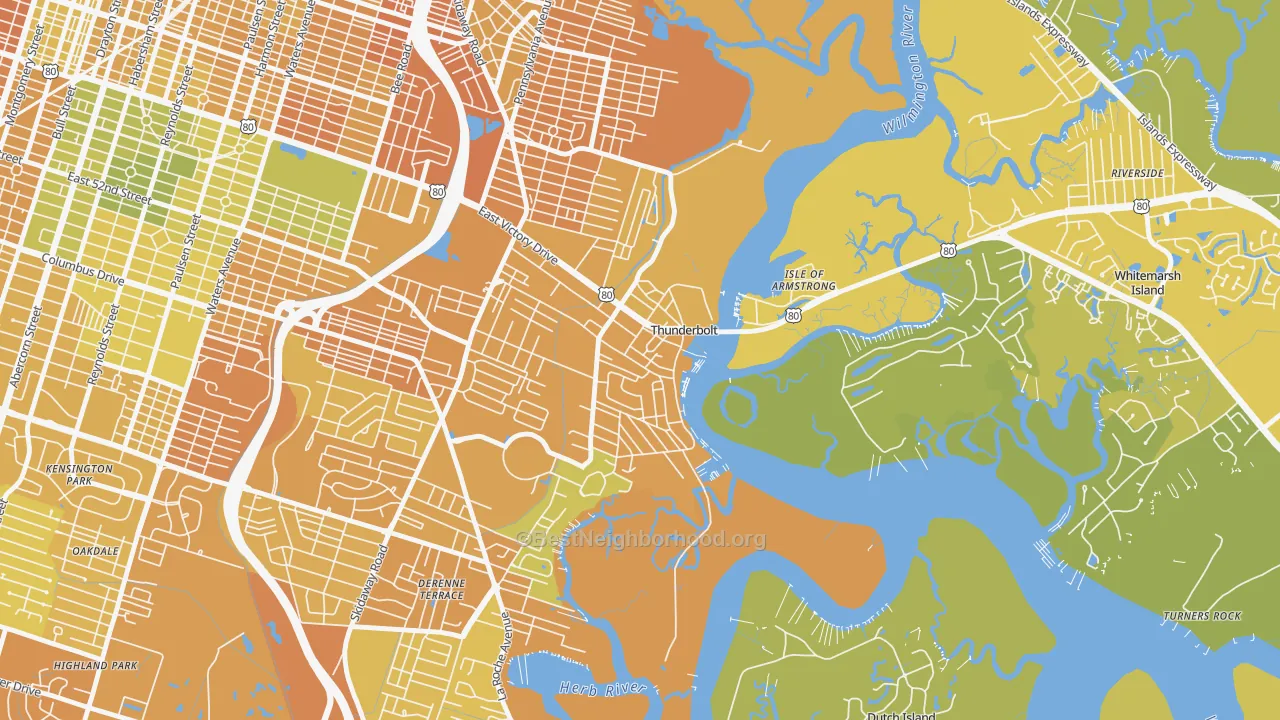 Map of the best neighborhoods in the Thunderbolt area, with better matches in green and worse matches in red