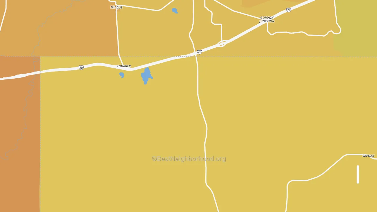 Map of the best neighborhoods in the Thurber area, with better matches in green and worse matches in red