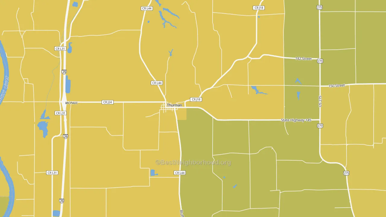 Map of the best neighborhoods in the Thurman area, with better matches in green and worse matches in red
