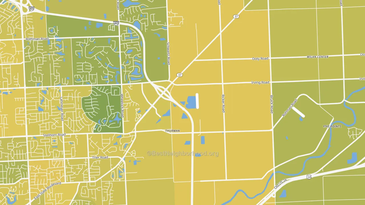 Map of the best neighborhoods in the Thurman area, with better matches in green and worse matches in red