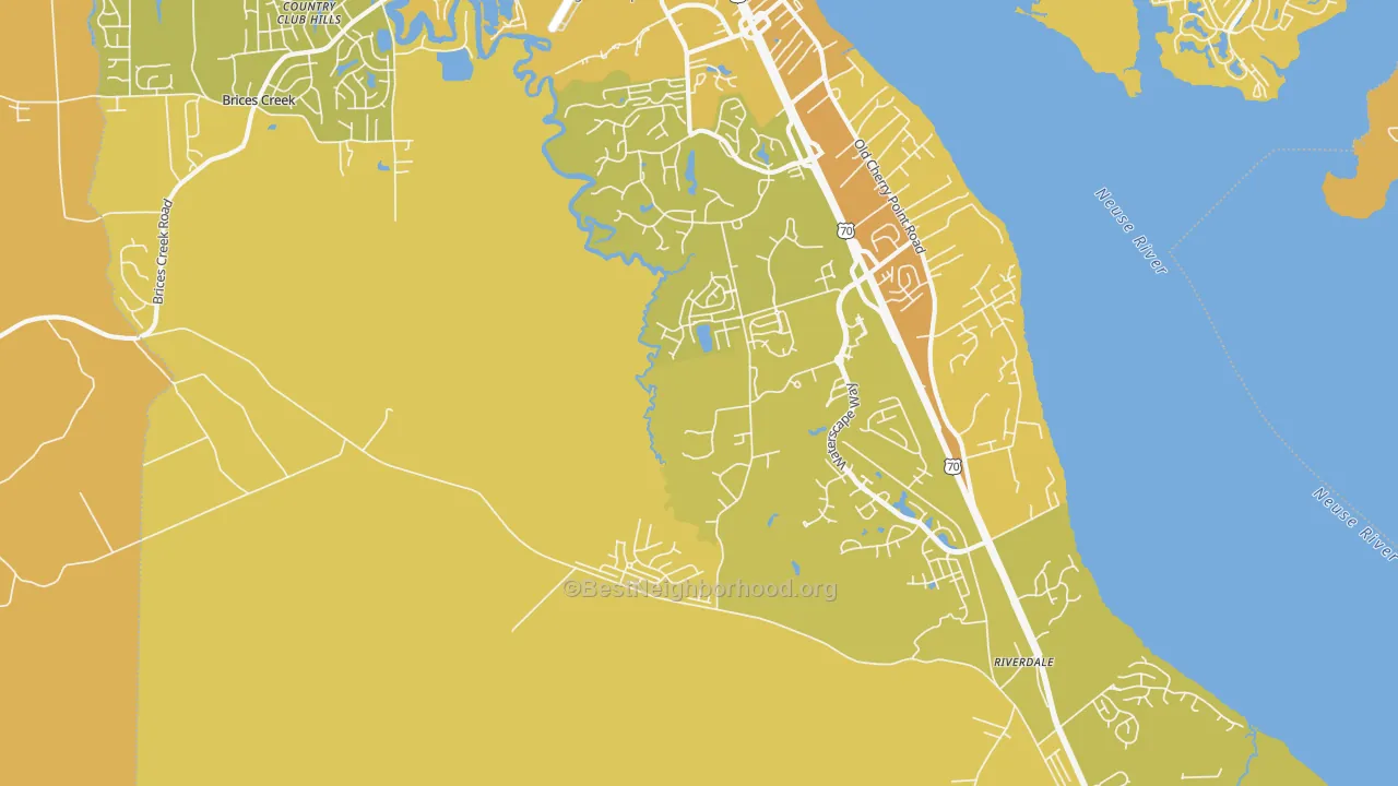 Map of the best neighborhoods in the Thurman area, with better matches in green and worse matches in red