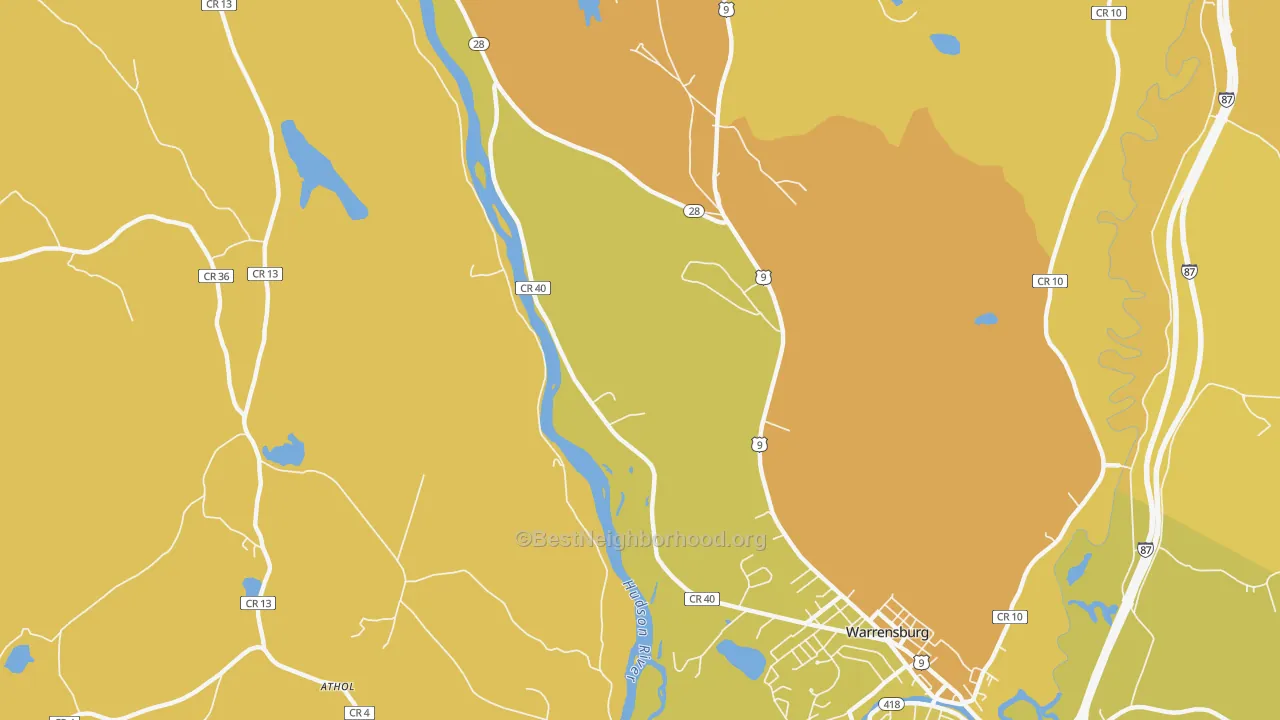 Map of the best neighborhoods in the Thurman area, with better matches in green and worse matches in red