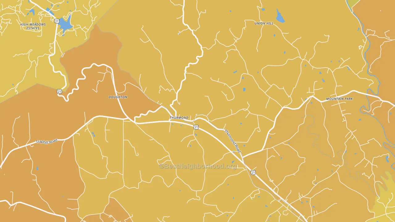 Map of the best neighborhoods in the Thurmond area, with better matches in green and worse matches in red