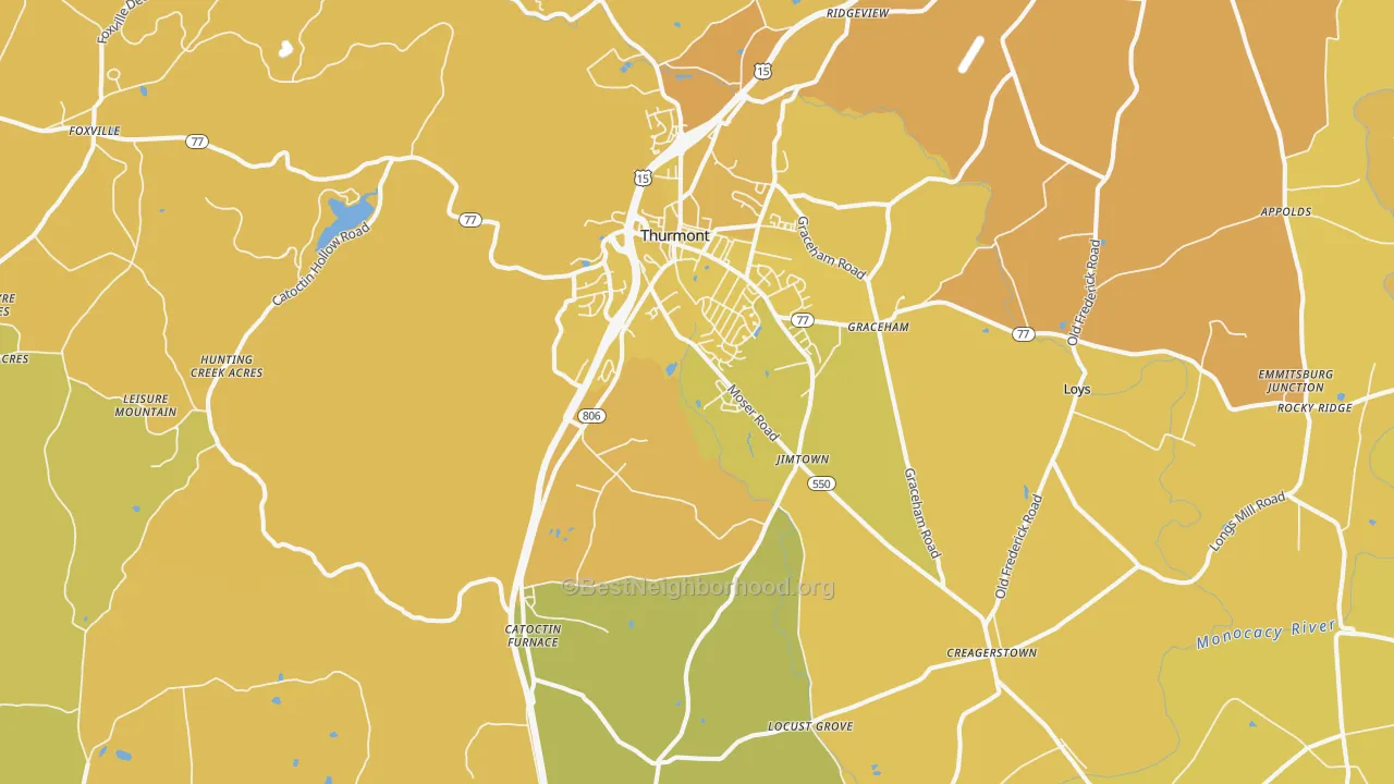 Map of the best neighborhoods in the Thurmont area, with better matches in green and worse matches in red